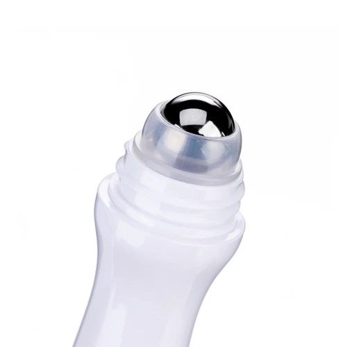 A white skin roller with a shiny, metallic ball on top, used for facial massage.
