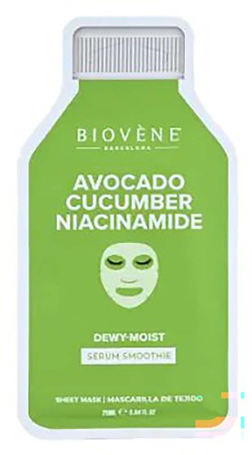 Green bottle with a face mask label, containing avocado, cucumber, and niacinamide for skin care.