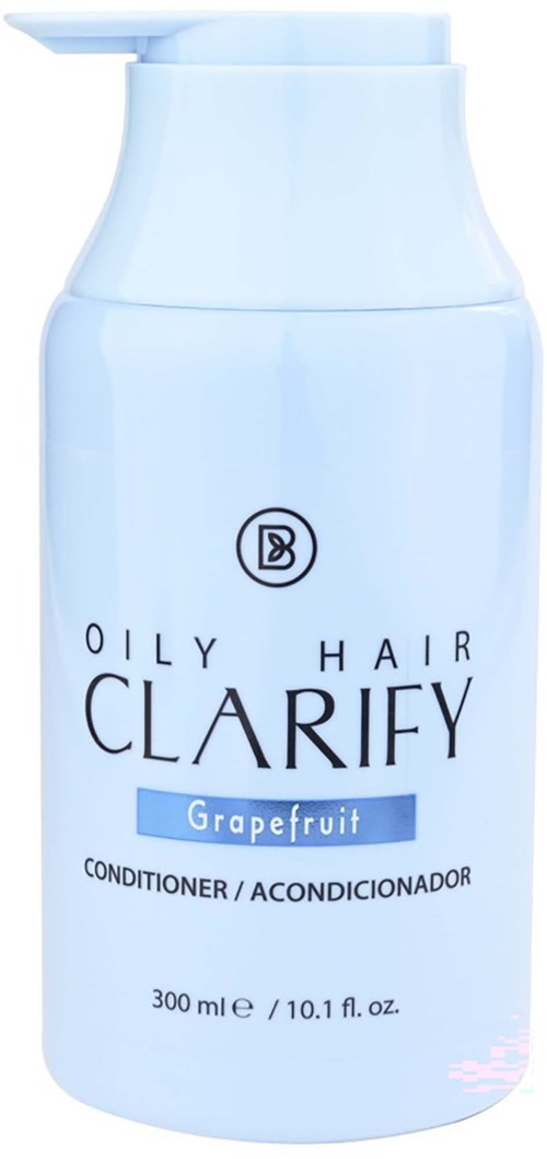 En ljusblå flaska med Oily Hair Clarify balsam med pump, märkt grapefruit doft, storlek 300 ml.