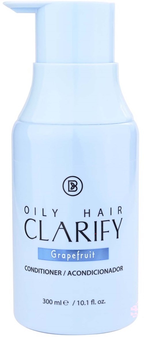 En ljusblå flaska med Oily Hair Clarify balsam med grapefruktsdoft, 300 ml.
