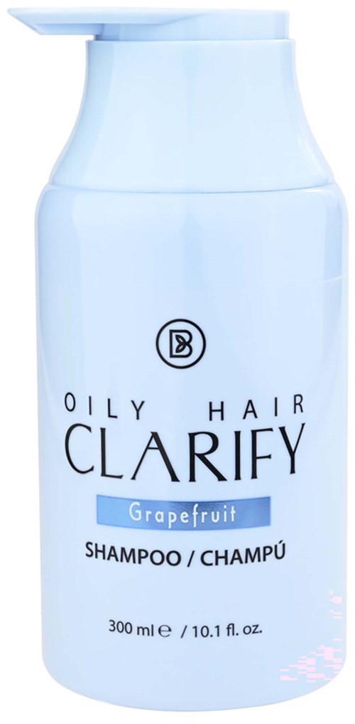 A light blue bottle of clarifying shampoo for oily hair with grapefruit scent. It holds 300 ml.