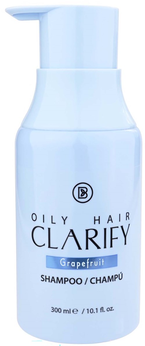 A light blue bottle of clarifying shampoo with a pump, labeled for oily hair and grapefruit scent.