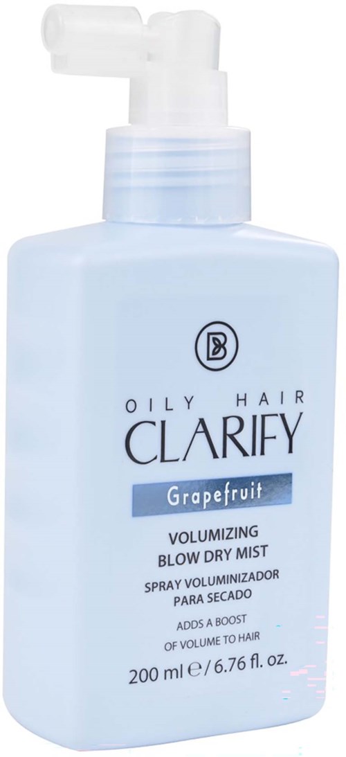 En ljusblå flaska med hårspray märkt Clarify Grapefruit, avsedd för fet hår för att tillföra volym och fukt.
