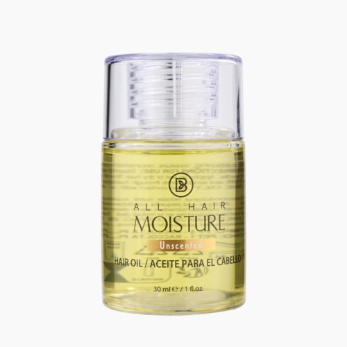 En liten klar flaska med gult vätska, märkt all hair moisture odlad hårolja, 30 ml.