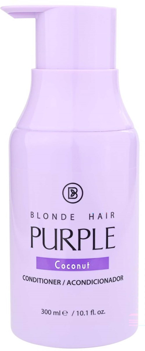 En lila flaska med blondehår kokosbalsam står upprätt.