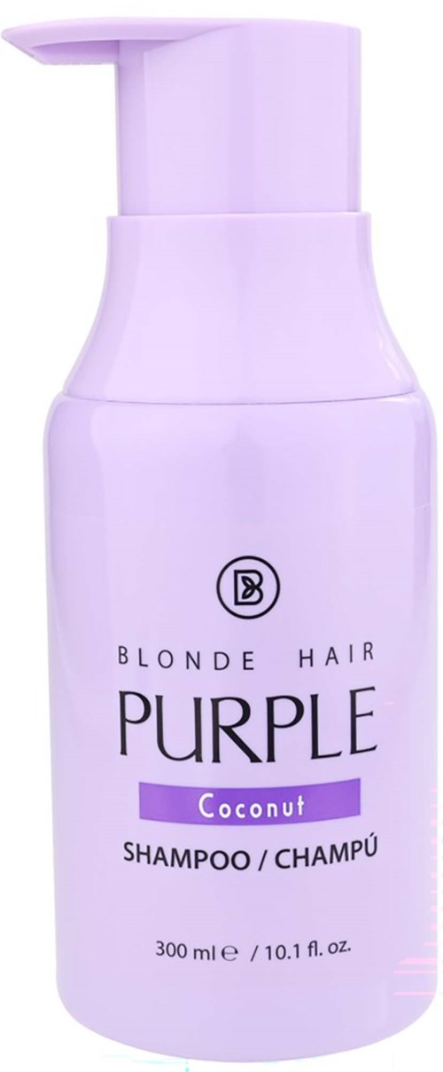 Lavenderinvärinen pullo Blonde Hair Purple Shampoo, kookos tuoksu, 300 ml, pumpunsäädin.