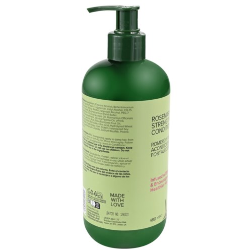 Vihreä Rosemary Strengthening Conditioner -pullo, jossa pumppu, etiketti sisältää aineosat ja tuotetiedot.