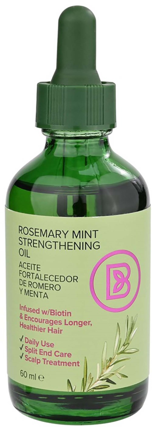 A green bottle of rosemary mint strengthening oil with a dropper on top, labeled for hair and scalp care.