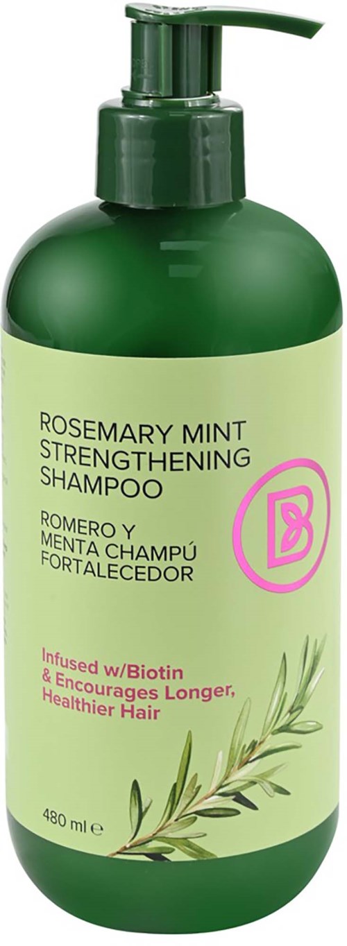Grön flaska med rosmarin mynt stärkande schampo med pump. Den står att det hjälper hår att förbli hälsosamt längre.