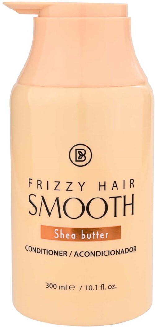 A bottle of Shea Butter conditioner for frizzy hair, 300 ml, with a beige color and simple label.
