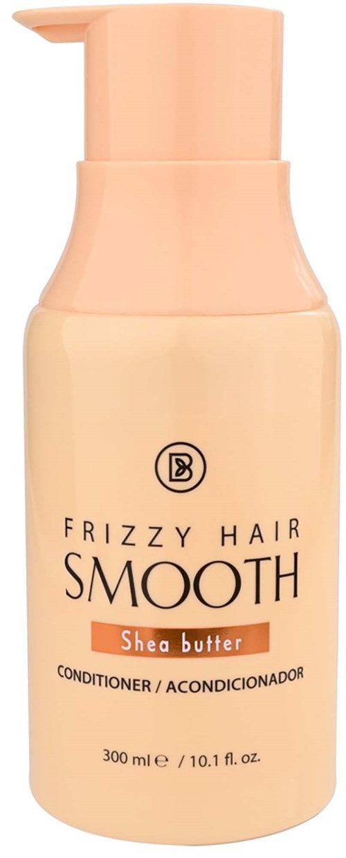 A bottle of hair conditioner labeled Frizzy Hair Smooth with Shea Butter, 300 ml. Light beige color with a pink pump.
