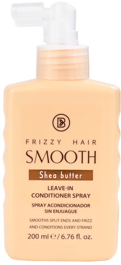 En flaska leave-in balspray med shea smör för frizzigt hår, 200 ml kapasitet.
