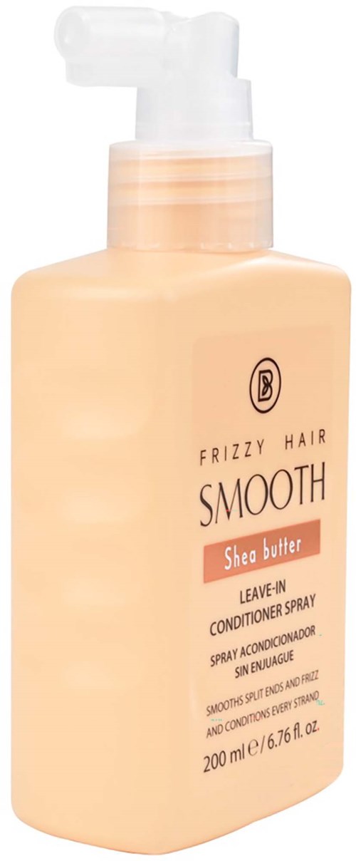 En flaska Shea Butter leave-in balsamspray för frissigt hår, 200 ml, ljusbeige färg med pump.