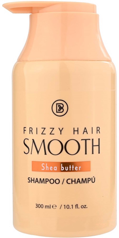 Pullo frizz-tyylisen hiuksen helppoon kammaukseen Shea butter -shampoolla, vaalean värinen, pumppu, 300 ml.