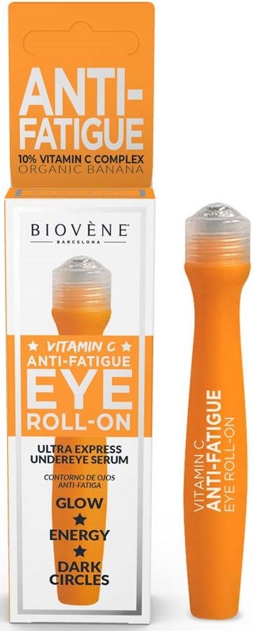 Eine leuchtend orangefarbene Roll-on-Augenserumflasche mit passender Verpackungsaufschrift, die gegen Müdigkeit und für Ausstrahlung wirbt.
