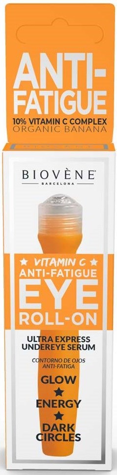 Ein vertikaler, orange-weißer Karton mit einem Augenroll-on-Produkt, das gegen Müdigkeit, für Augenpflege und Vitamin C betont.