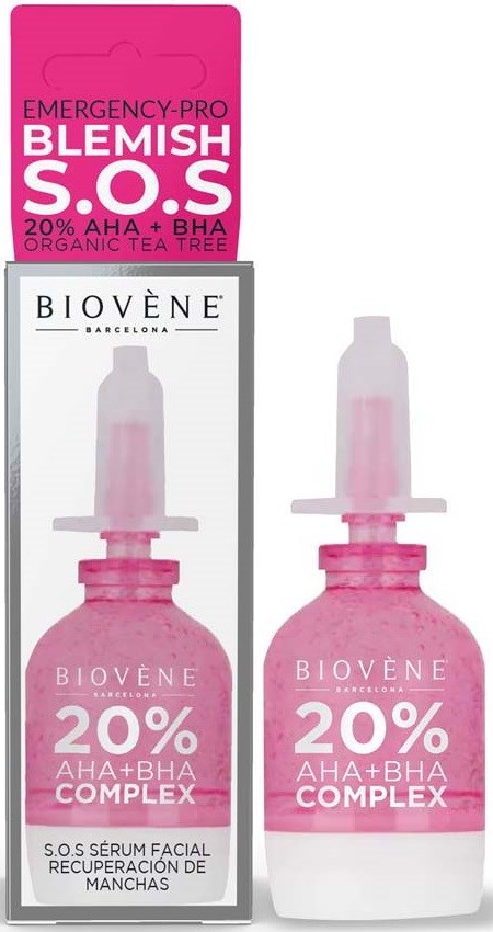 Two pink bottles and a box promote a facial serum for spots, with 20% AHA and BHA, organic tea tree.