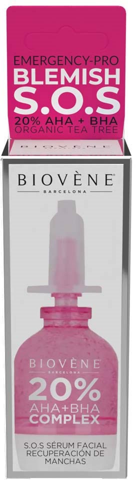 A skincare product box with a pink label for emergency blemish treatment, featuring a small bottle illustration and brand name.
