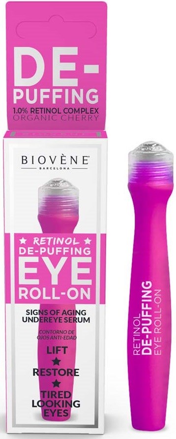 A pink and white box with a roller device for eye treatment, called DE-PUFFING EYE ROLL-ON by Biovène.