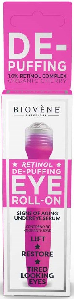 A pink and white eye roller-on container with text promoting anti-aging and eye lifting benefits.