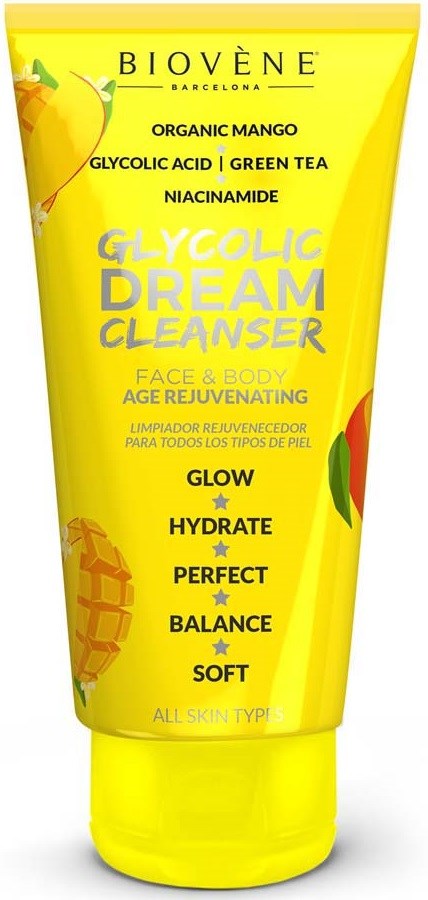 Hellgelbe Tube mit grünen und roten Akzenten, enthält Hautpflegeprodukt namens Glycolic Dream Cleanser für Gesicht und Körper.