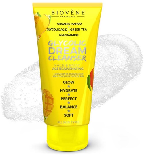 Eine gelbe Tube mit der Aufschrift 'Glycolic Dream Cleanser' und Zutatenliste, auf weißer Oberfläche.