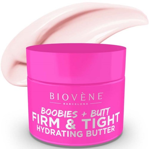 Kleine rosa Dose mit feuchtigkeitsspendender Butter für Brüste und Po, verspricht feste und straffe Haut, mit Creme hinter.