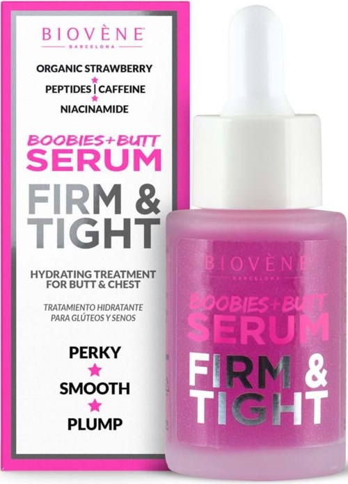 Eine pinke und weiße Flasche Serum, das straffe Haut für Gesäß und Brust fördert.
