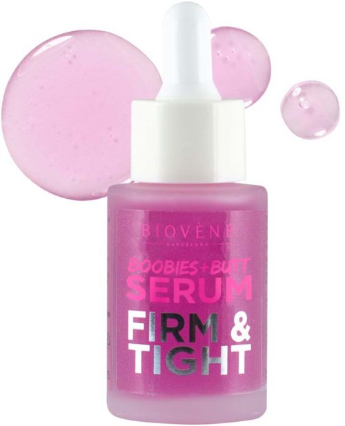 Pinkfarbige Serumflasche mit Tropfer und Blasen, mit dem Titel 'Mobiles+But Serum Firm & Tight' von Biovène.