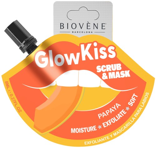 Lipvormige verpakking voor glow-in-the-dark scrub en masker met papaya smaak, bevordert vocht en exfoliatie.