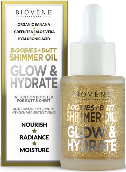 Kleine Flasche mit Schimmeröl für Brüste und Po, mit Box, die Produktvorteile und Inhaltsstoffe wie grüner Tee und Aloe zeigt.