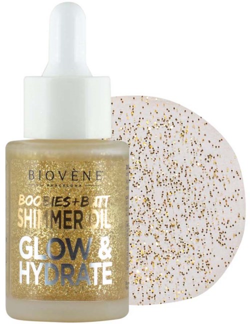 Eine kleine Flasche mit Goldglanz- und Hydratationsserum mit Pipette, neben einem weißen Pad mit Goldglitter.