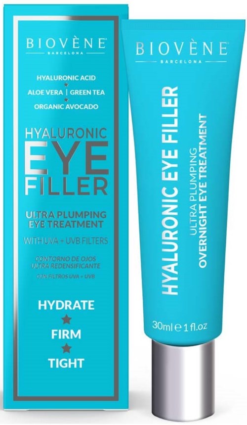 Eine blaue Verpackung für Augenpflege mit einem Tuben, die Hyaluronsäure Augenfüllerbehandlung für Hydratation und Festigkeit bewirbt.