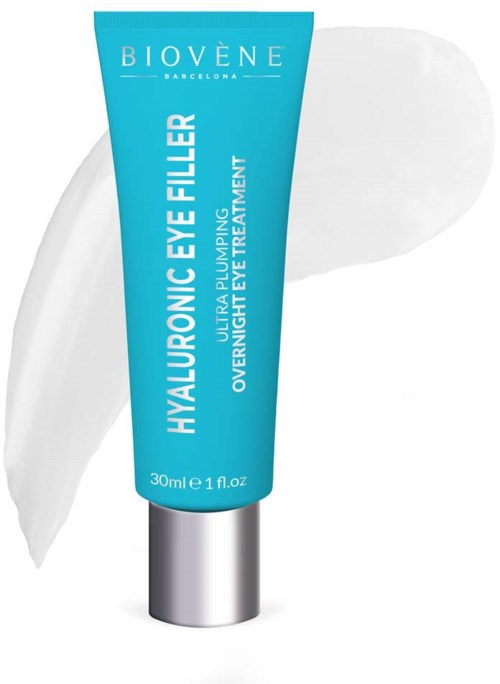 Eine blaue Tube mit Biovène Hyaluronsäure-Augenfüller und etwas weiße Creme daneben.