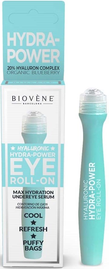 Ein Hautpflegeprodukt in Blau und Weiß für Feuchtigkeit, Augenpflege und Schwellungsreduktion.