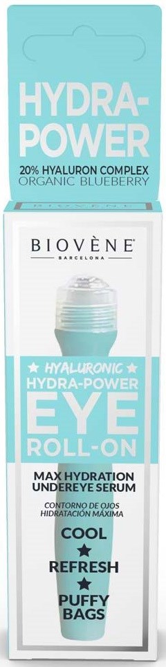 Verpackung eines Hautpflegeprodukts mit Augenroll-on für hydratisierende und kühlende Wirkung, in Blau und Weiß.