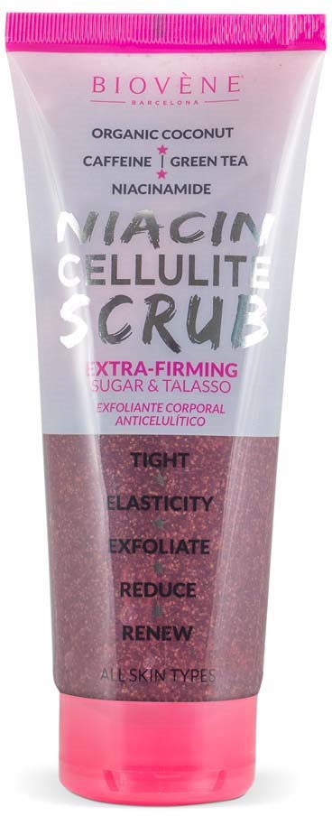 Eine rosa-weiße Tube mit dem Label Niacin Cellulite Scrub zur Straffung, Elastizität, Peeling, Reduzierung und Regeneration der Haut.