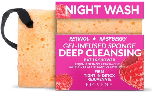 Ein rosa und lila Schwamm mit einem Etikett für Nachwäsche, Himbeere, Retinol, Tiefenreinigung und Detox. Für Bad und Dusche.