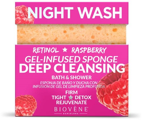 Eine pinke Box bewirbt einen Himbeer-Nachtwäsche-Schwamm für Tiefenreinigung, Baden und Duschen, mit Worten wie 'fest', 'Entgiftung' und 'Verjüngung'.