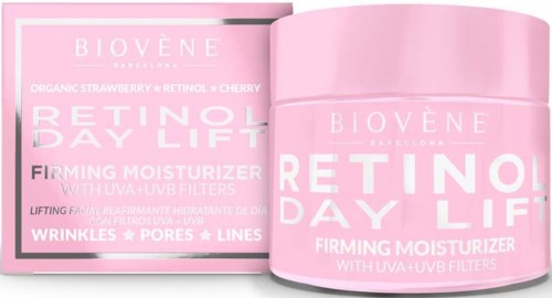 A pink jar and box of Biovène Retinol Day Lift moisturizer designed for firming and reducing wrinkles.