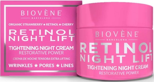 Pink burk och box för hudvårdsprodukt kallad Retinol Night Lift, med ingredienser som jordgubb och körbär.