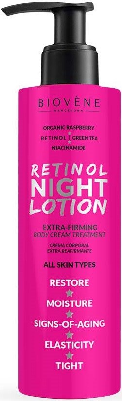 Pinke Flasche von Biovène Retinol Night Lotion mit Pumpe, für alle Hauttypen, hilft, die Haut wiederherzustellen und zu straffen.