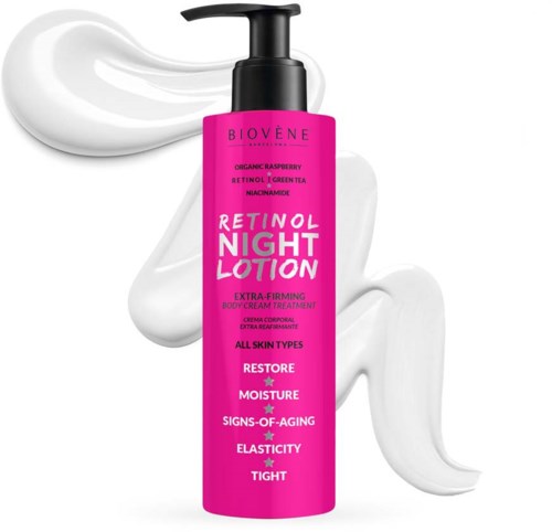 Pinke Flasche mit Retinol Night Lotion zur Hautstraffung und Anti-Aging, umgeben von weißer Creme und Flüssigkeit.