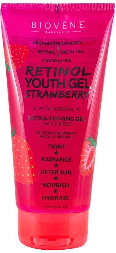 Leuchtend rosa Tube mit Gesichts- und Körgelgel, Erdbeeren und grünen Blättern, fördert die Hautstraffung, Leuchtkraft und Hydratation.