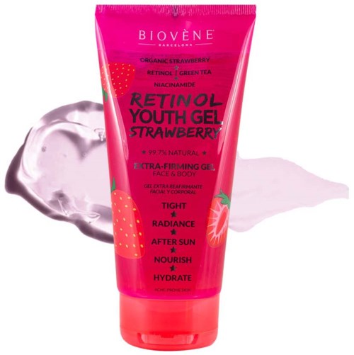 Eine pinkfarbene Tube Biovene Retinol Youth Gel mit Erdbeeren, beschreibt Vorteile wie Festigkeit, Strahlkraft, Ernährung und Hydratation.