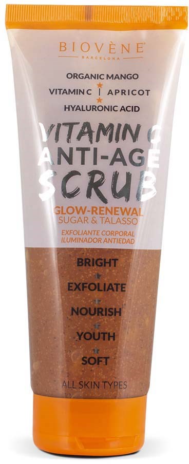 Eine Tube mit Peelingcreme mit Inhaltsstoffen wie Mango, Aprikose und Hyaluronsäure, fördert Hauterneuerung und Pflege.
