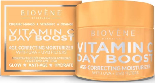 En hudvårdsproduktbehållare för Vitamin C Day Boost påfyllning, med orange färg och etikett som visar dess fördelar.