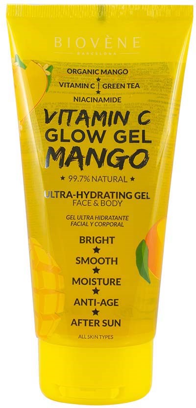 Gelbe Tube mit Mango, enthält Vitamin C, Grüntee und Niacinamide, für Hautpflege und Glanz.