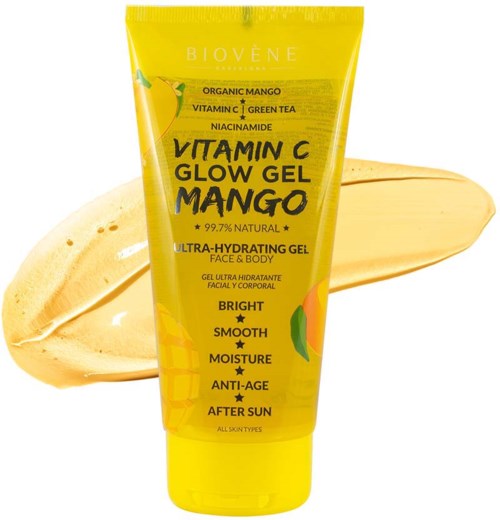 Eine gelbe Tube mit Vitamin C Glow Gel Mango, hebt Helligkeit, Glätte, Anti-Age und Feuchtigkeitswirkung für alle Hauttypen hervor.