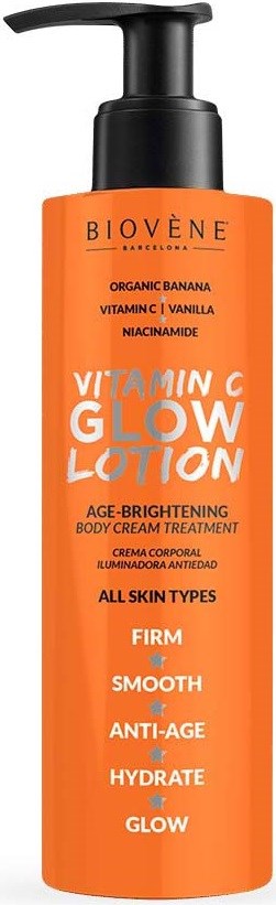 Orangepflegeflasche mit Pumpe, beschriftet 'VITAMIN C GLOW LOTION', für alle Hauttypen, hilft beim Aufhellen und Feuchtigkeitsspenden.